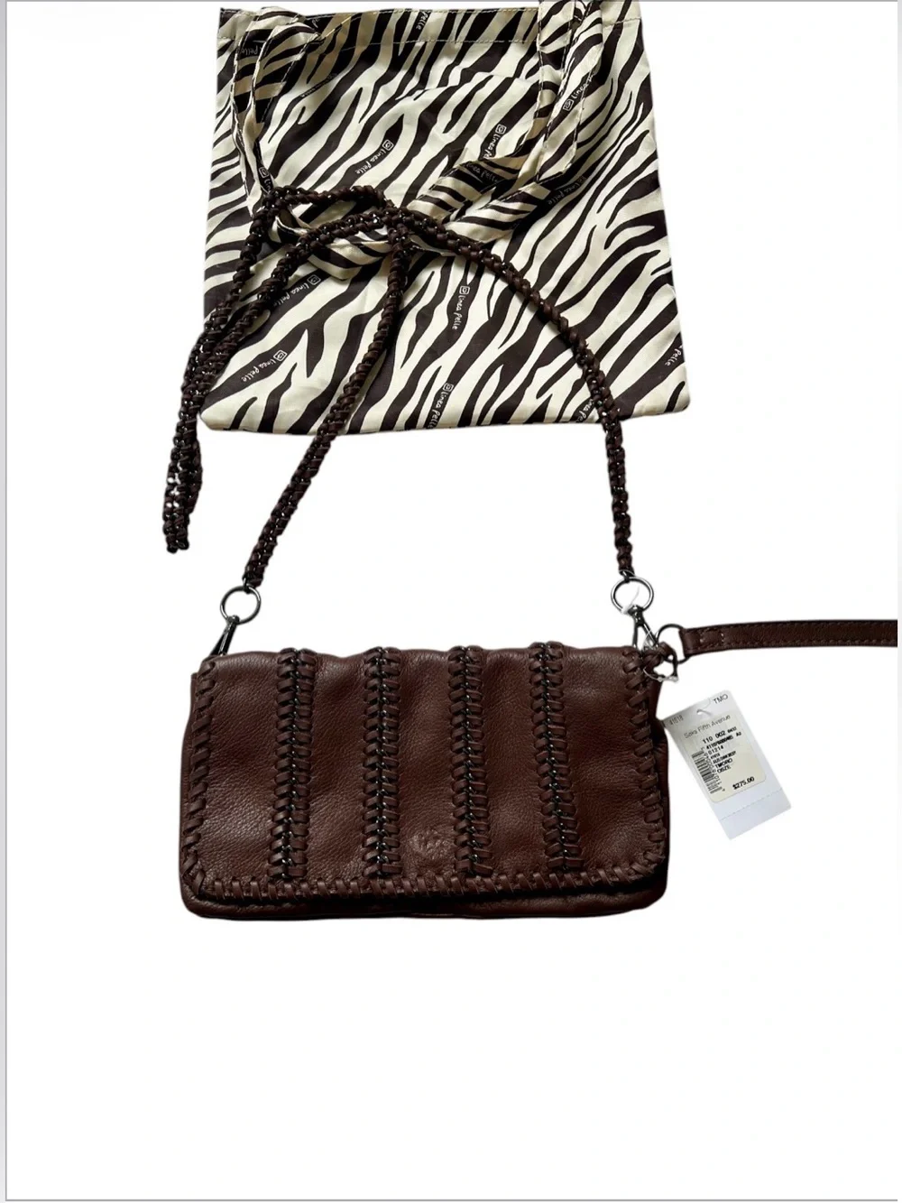 NWT $275 Linea Pelle Soft Brown Leather Whipstitch Chain Crossbody Bag Wristlet